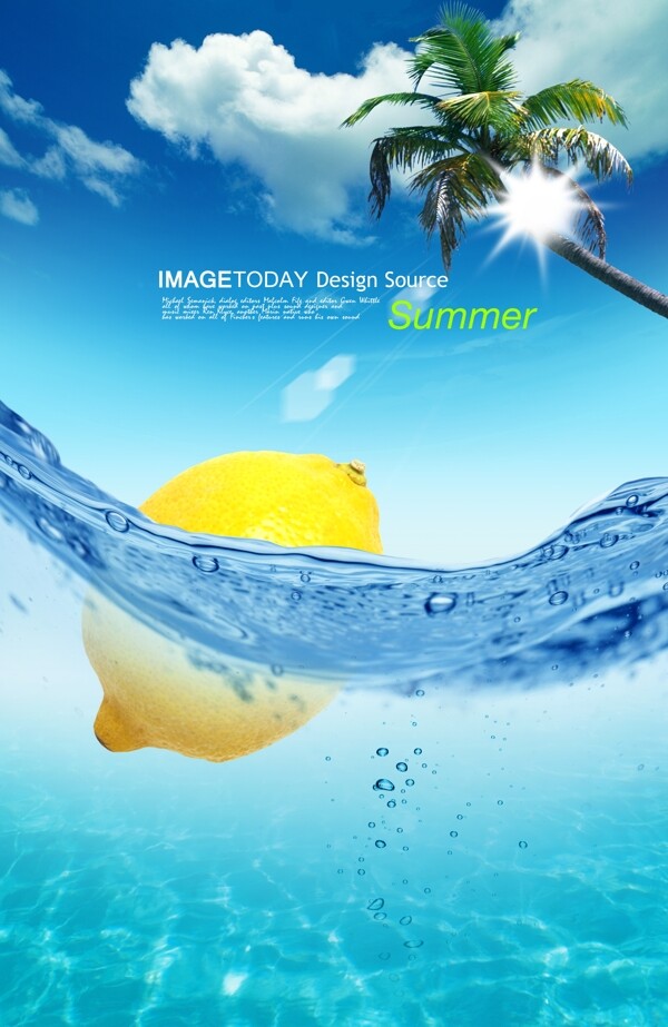 夏天柠檬绿水蓝天白云椰树阳光psd分层素材源文件09韩国设计元素