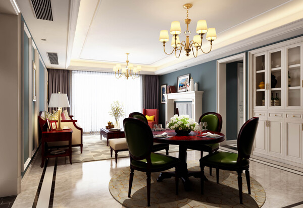 美式清新客厅黑色餐桌椅室内装修效果图