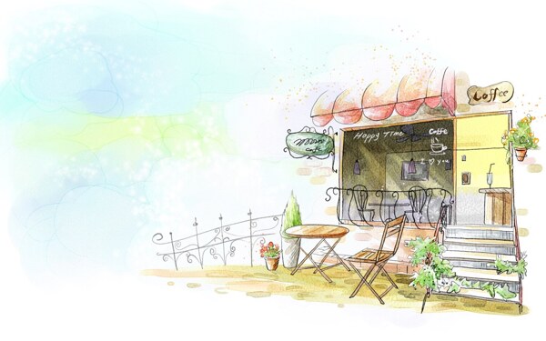 韩风手绘水彩插画咖啡厅