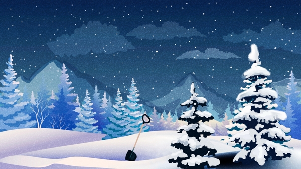 清新冬天雪地松树插画背景设计