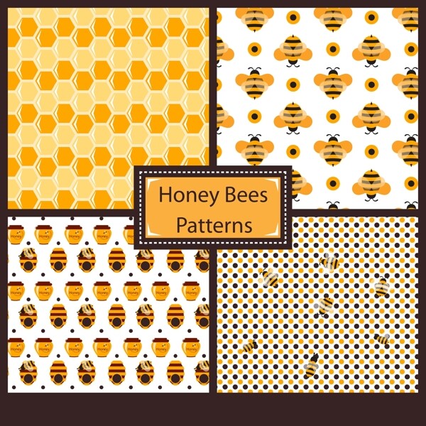 4款创意蜜蜂元素无缝背景矢量图