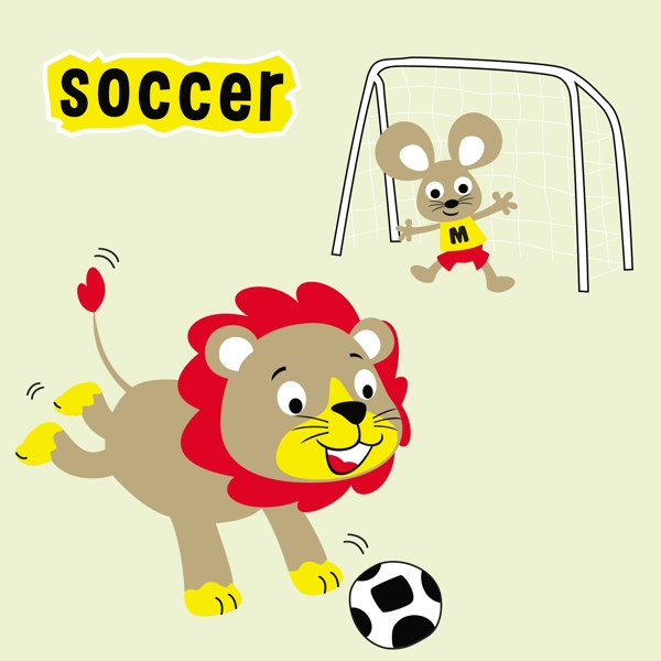 小狮子和小老鼠踢球可爱卡通图