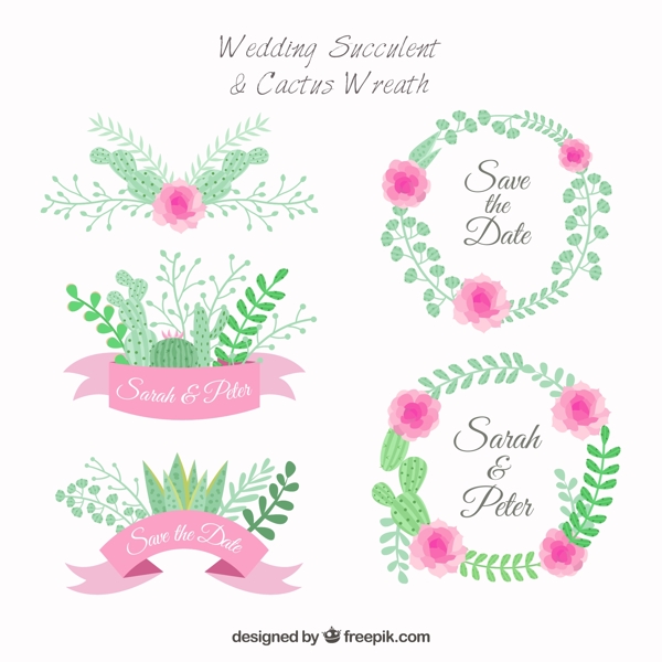 5款彩绘婚礼花环与标签矢量图