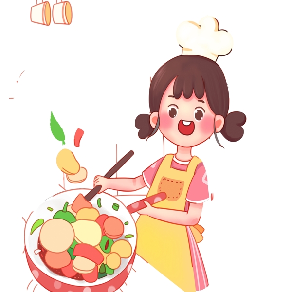卡通可爱一个炒菜的女孩子