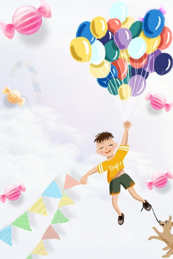 简单六一小男孩手牵气球背景