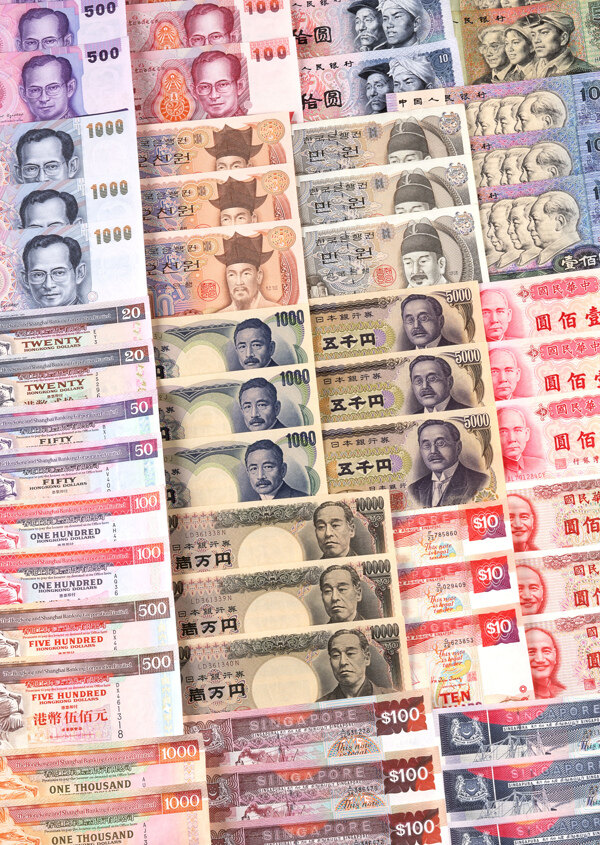 各国纸币排列摆放日元台币韩币人民币对比