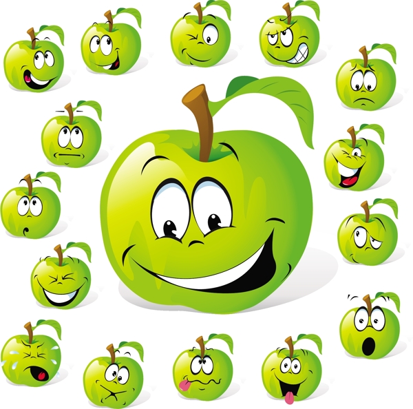 卡通苹果绿树搞怪表情矢量素材