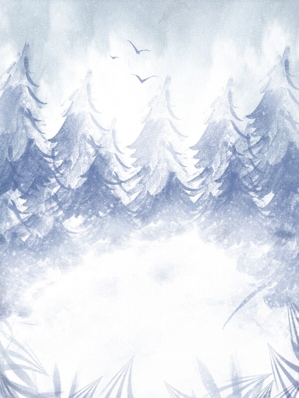 原创手绘铅笔画蓝色雪地森林海报背景