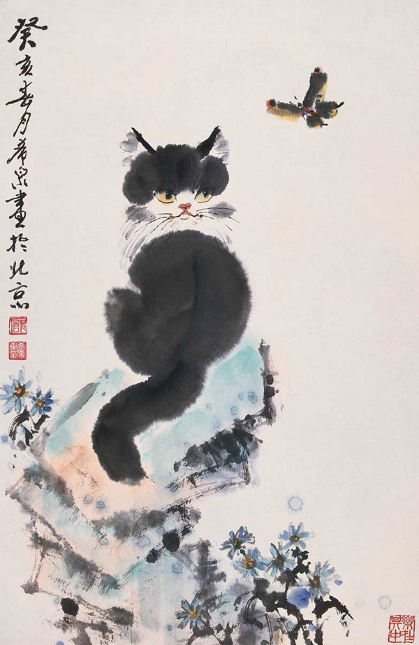 庞希泉现代国画猫蝶图2
