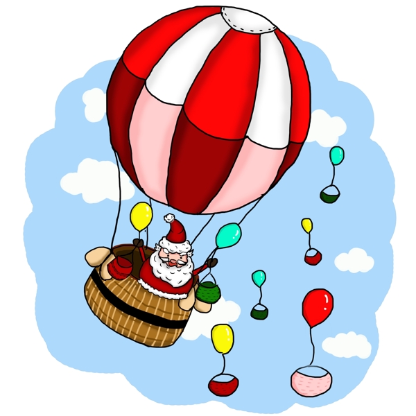 圣诞节热气球圣诞老人发礼物卡通插画手绘