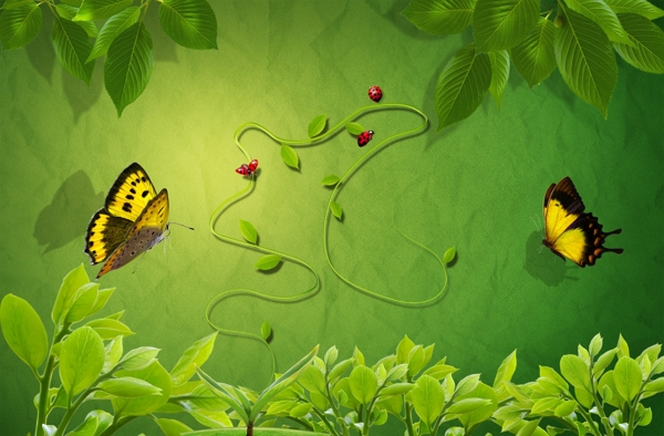 绿色花园和蝴蝶PSD分层图片