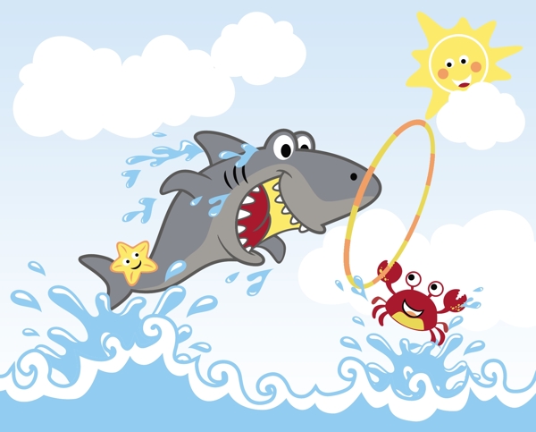 可爱笑口鲨鱼海洋儿童插画
