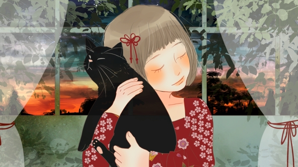 晚安清新浪漫黄昏窗前抱着黑猫的小女孩