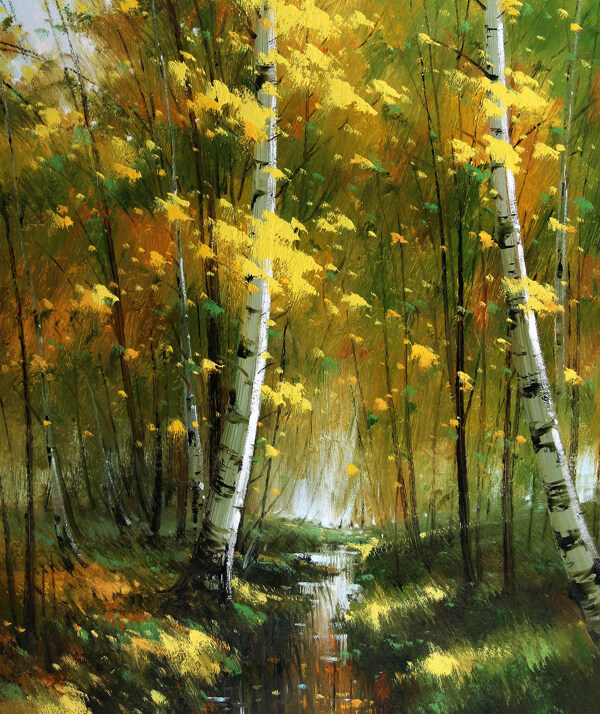 自然风光白桦林油画图片