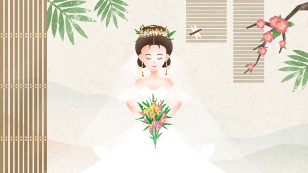 古典复古中国风新娘婚纱照唯美手绘插画