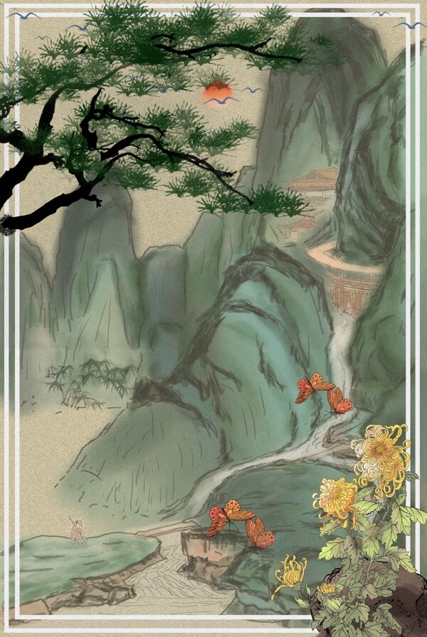 复古中国风山水工笔画