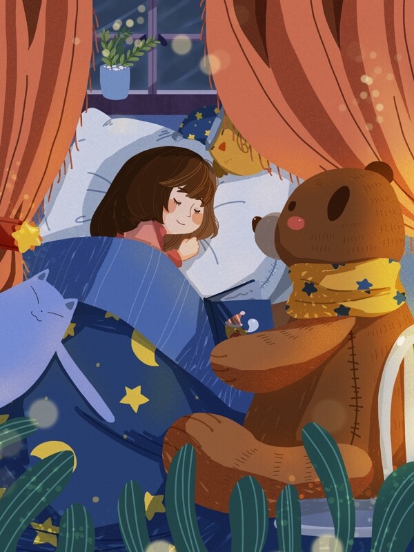 晚安你好之抱抱熊读故事给女孩听月亮睡眠
