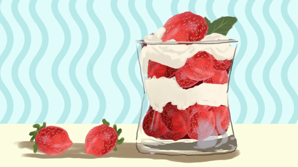 美食草莓奶油甜品插画