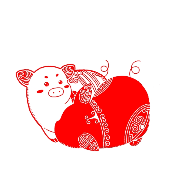 红色剪纸小猪插画