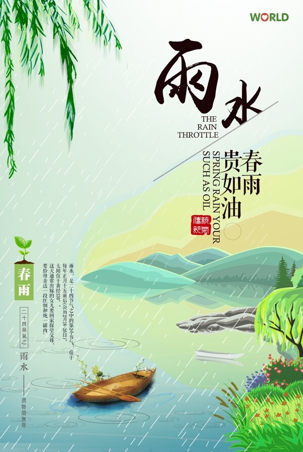 绿色二十四节气雨水宣传海报
