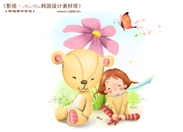 HanMaker韩国设计素材库背景卡通漫画可爱人物女孩玩具熊开心儿童