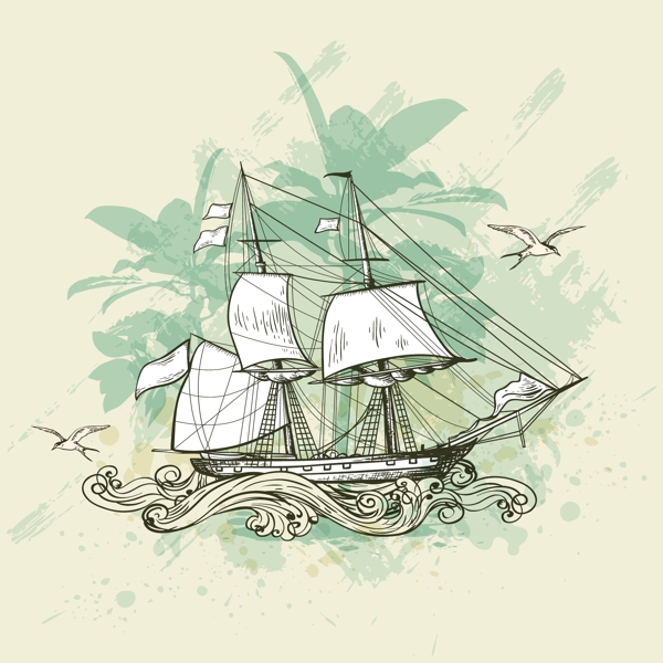 手绘复古古代的帆船