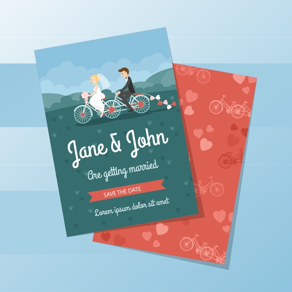 骑自行车的夫妇婚礼邀请卡