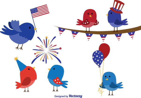 美国国庆节小鸟庆祝有趣卡通形象