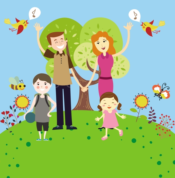幸福的家庭矢量插图在丰富多彩的卡通风格