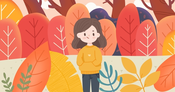 二十四节气秋天秋分树林女孩卡通植物插画