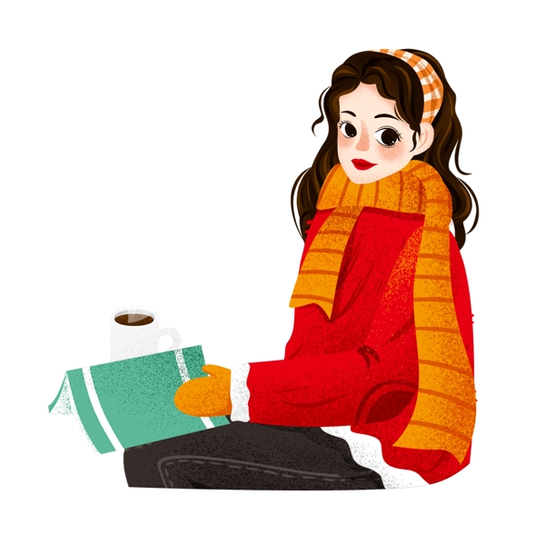 手绘看书和热茶的女孩
