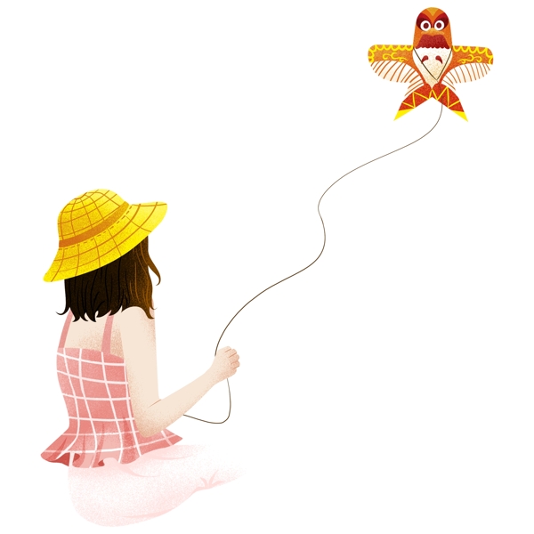 手绘坐着放风筝的女孩设计元素