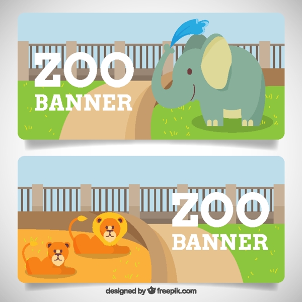 动物园的旗帜可爱的大象和狮子
