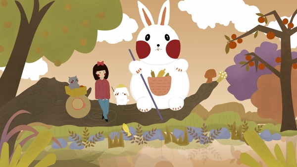 霜降时节兔子和女孩坐树上钓鱼小清新插画