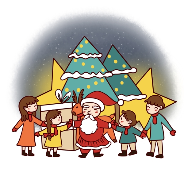 手绘卡通可爱圣诞节圣诞老人与一家人