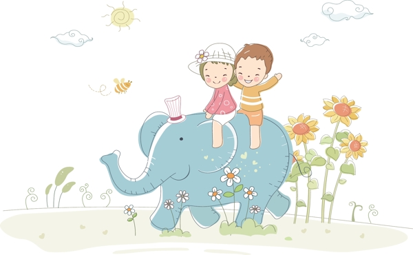 骑着大象的卡通儿童
