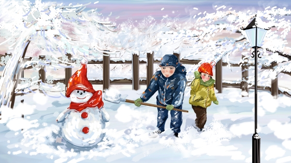 大雪后的小院孩童堆雪人