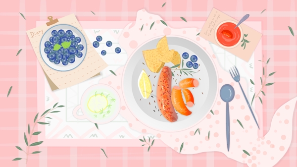 美食火腿肠蓝莓早餐插画