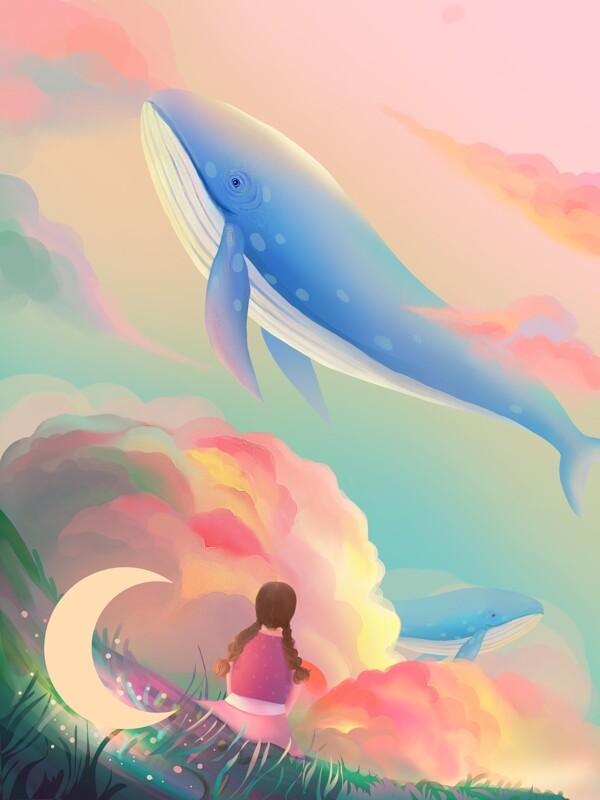 玫瑰色梦幻鲸鱼女孩与日落治愈系图片
