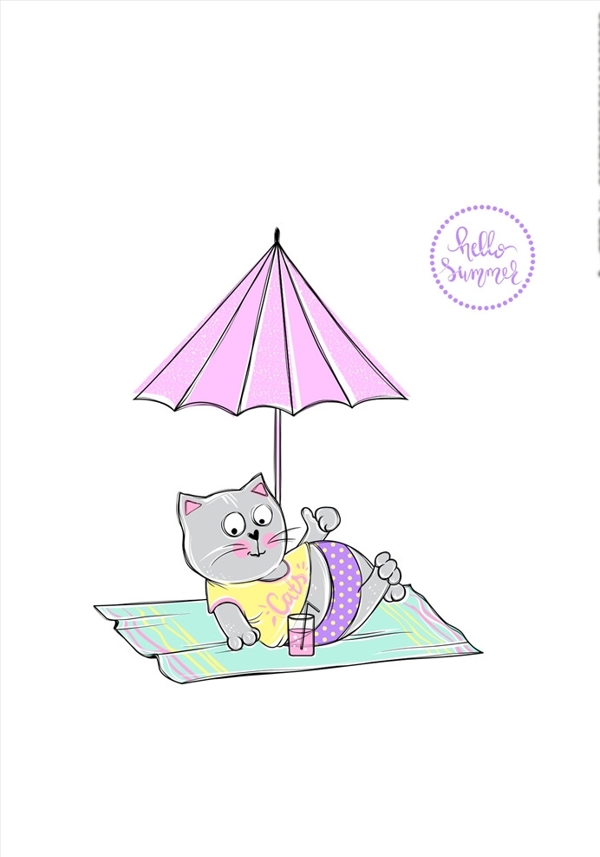 卡通猫遮阳伞度假矢量图下载