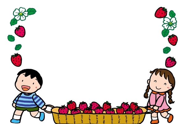 幼儿园幼教卡通小孩运草莓边框图片