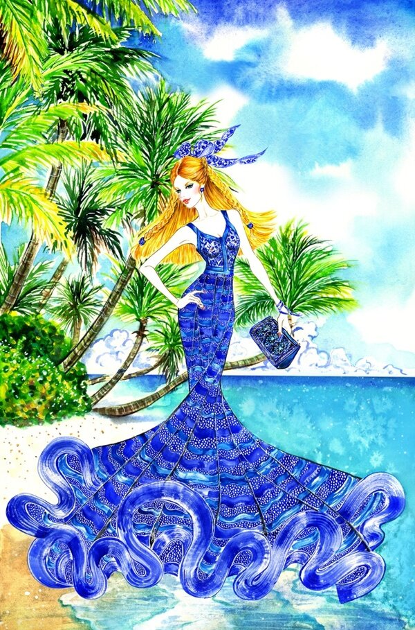 蓝色海滩吊带长裙设计图