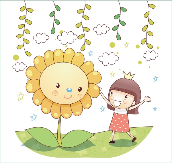 开心拥抱太阳花的小女孩