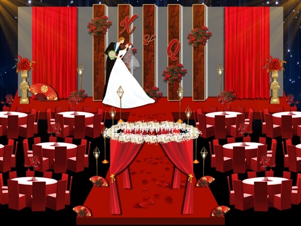 欧式中国红婚礼舞台区效果图