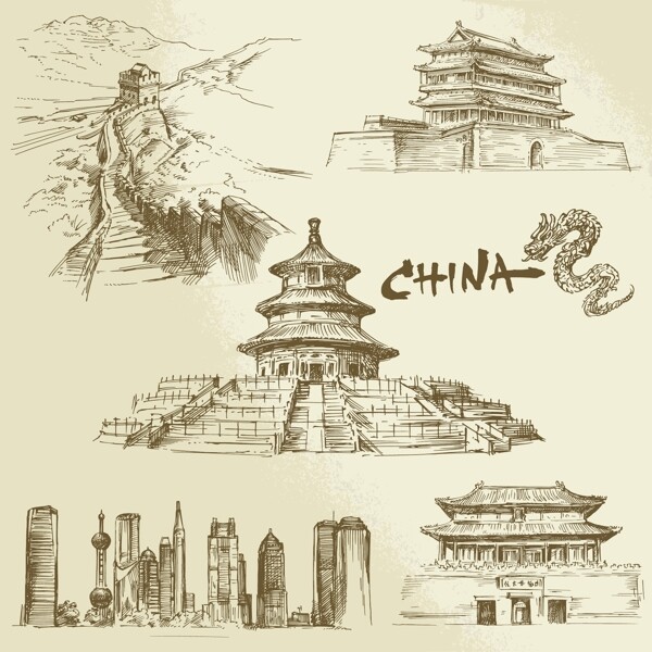 手绘中国著名建筑