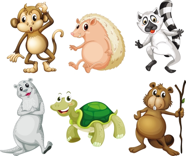 白色背景下六种野生动物的插图