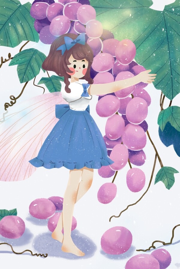 紫色葡萄少女人物插画卡通素材