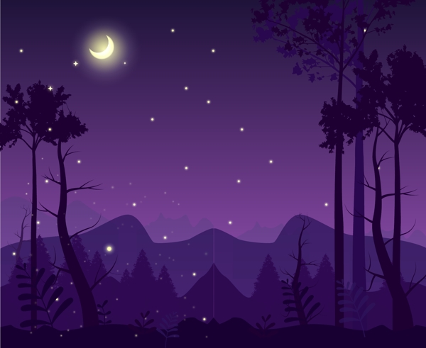 浪漫紫色星空下的树林插画背景