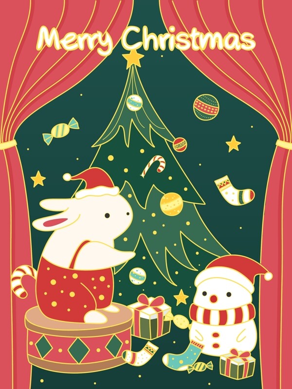 原创插画圣诞节流光溢彩卡通兔子雪人插画