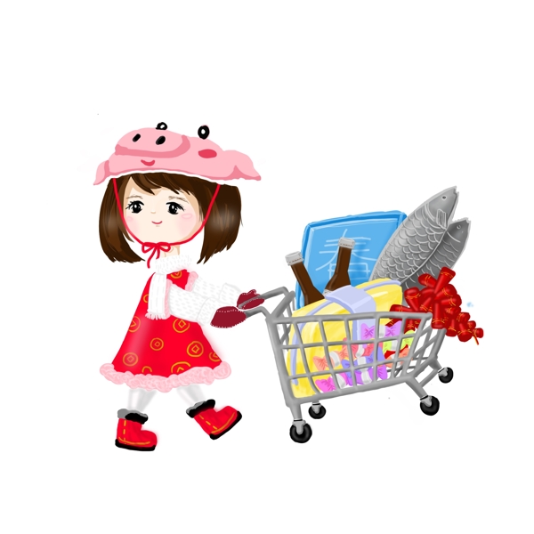 卡通手绘春节红色小清新可爱女孩买年货图案元素
